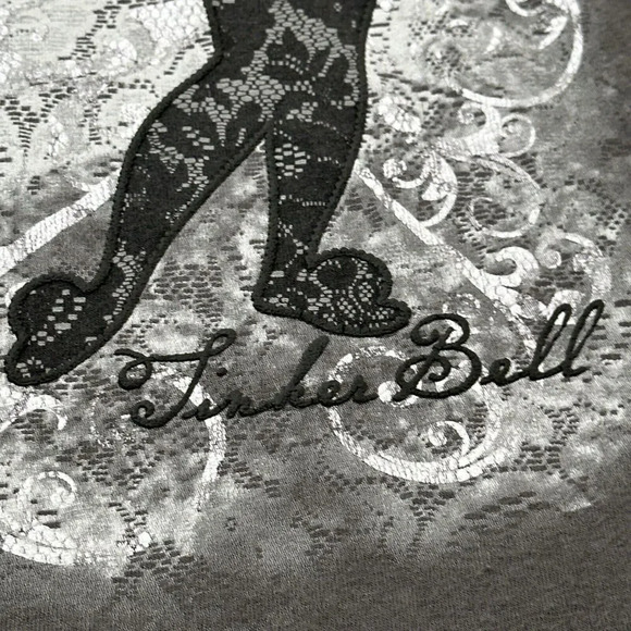 Disney Tinker Bell Grey Graphic T-Shirt Sz XXL Organic Cotton Fairy Lace Overlay - Picture 4 of 9